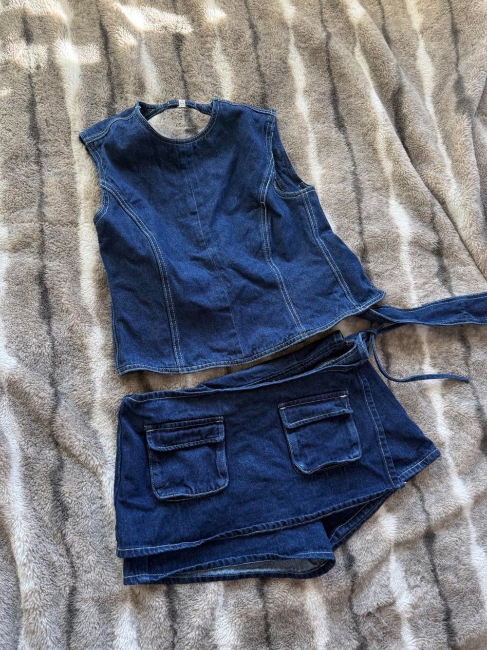 Girls' Dark Blue Denim Tank Top and Skort Set